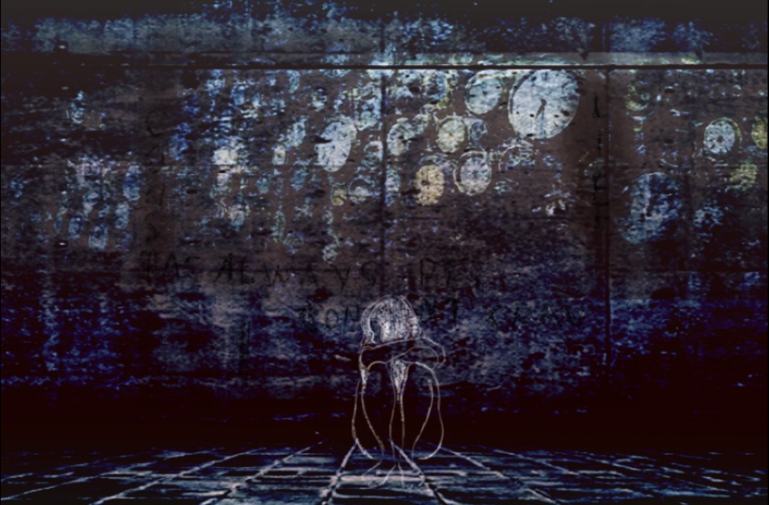 A solitary figure sits in grief before a wall marked with fragments of time